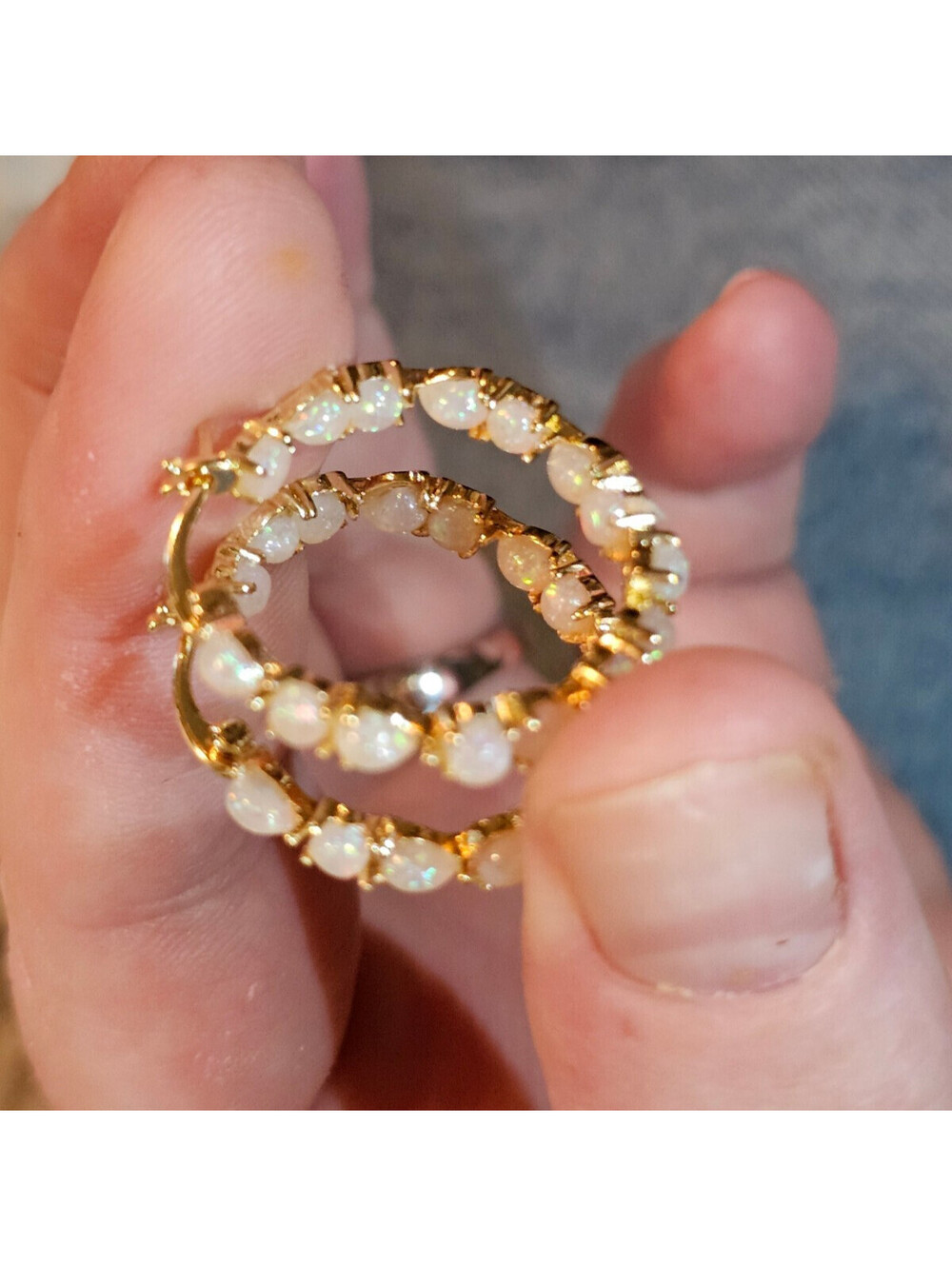 14K Gold-Plated Lab-Created Opal Hoop Earrings – 1 inch Lightweight NWT - Picture 5 of 7